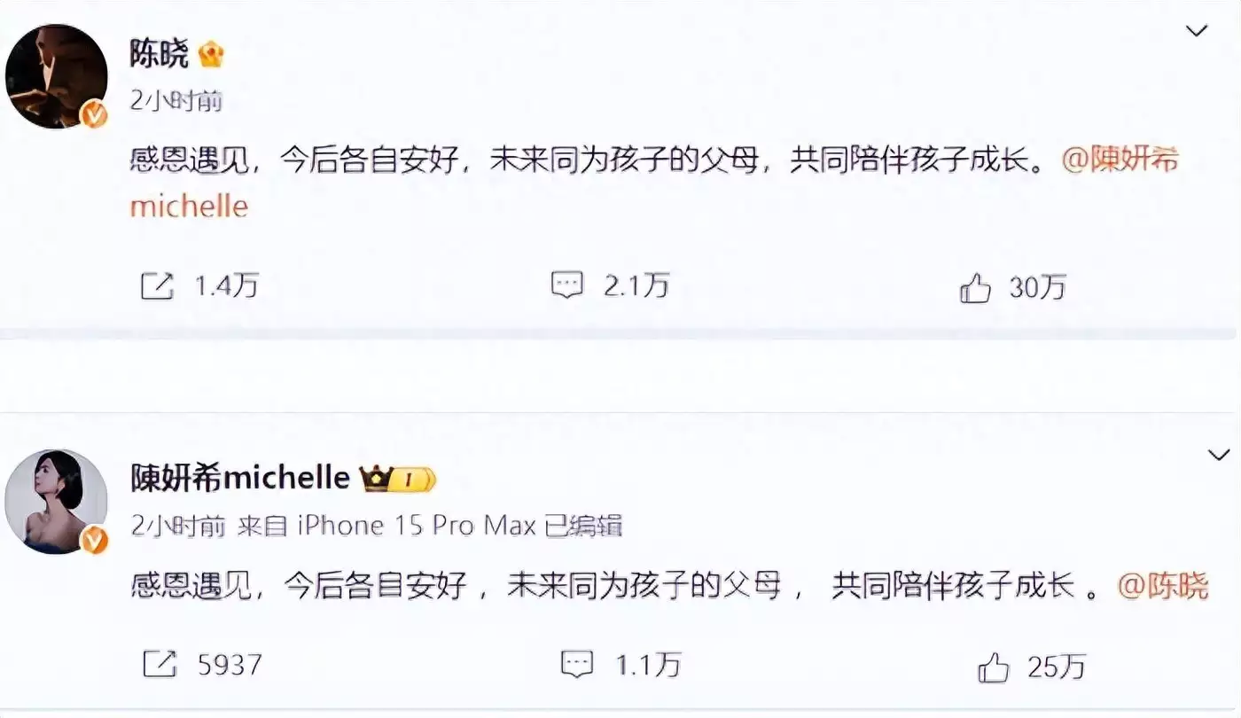 陈妍希陈晓官宣离婚，女方经纪人曝原因竟是家务事播报文章