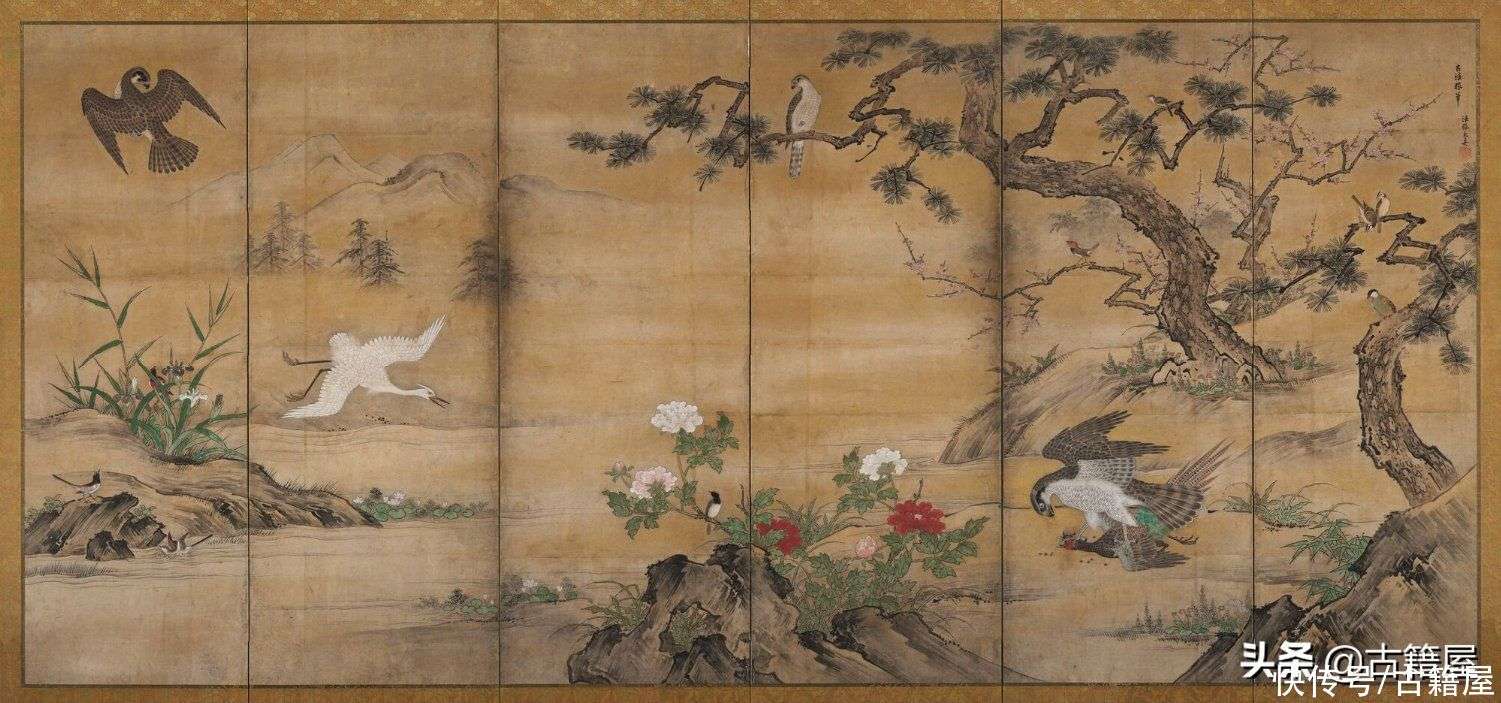 日本 狩野派画家狩野松荣、狩野光信的画作《花鸟图屏风》_【快资讯】