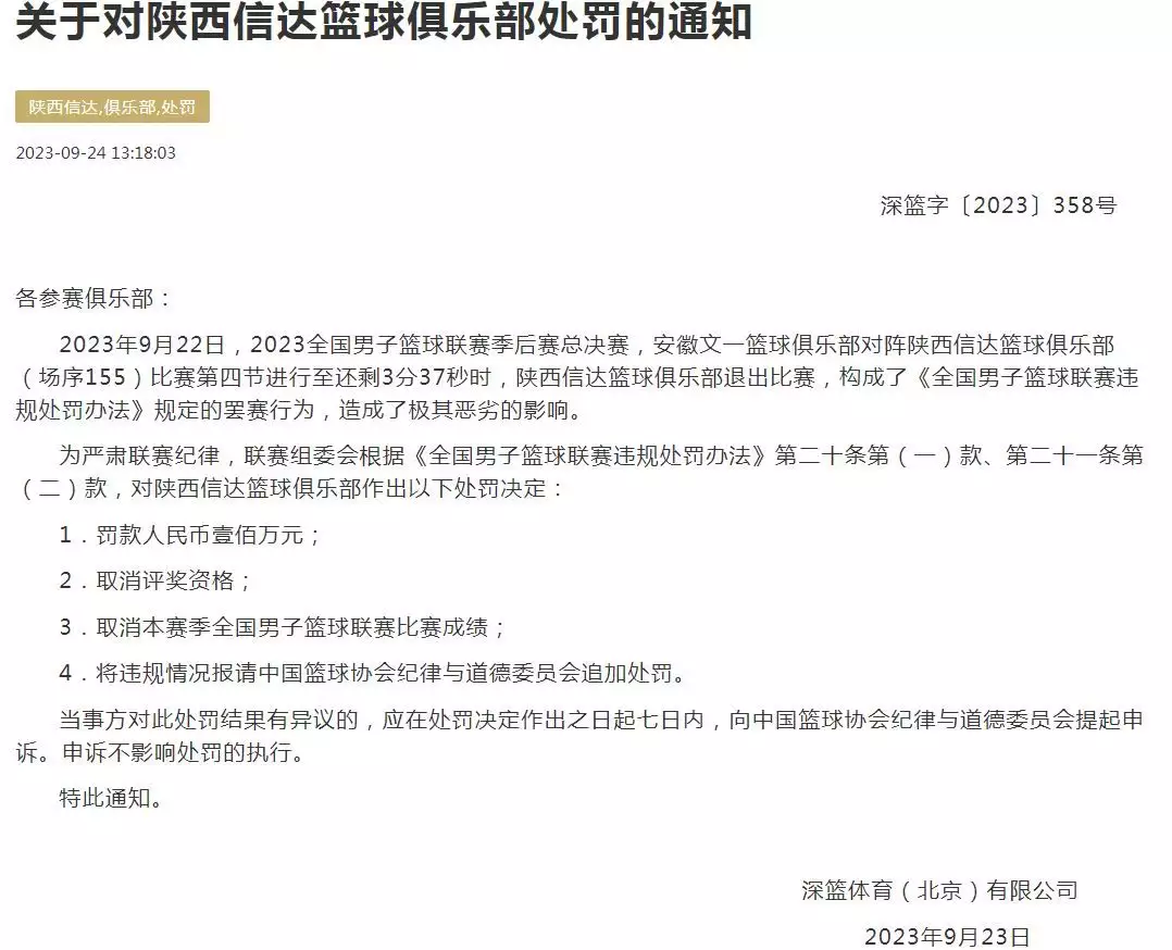 陕西信达罢赛被罚100万取消成绩（陕西信达为啥不参加cba） 第1张