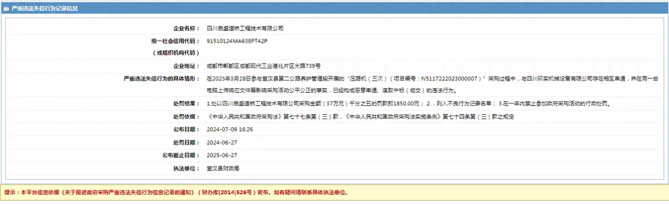 四川启盛道桥工程技术有限公司采购失信，被罚1850.00元(图1)