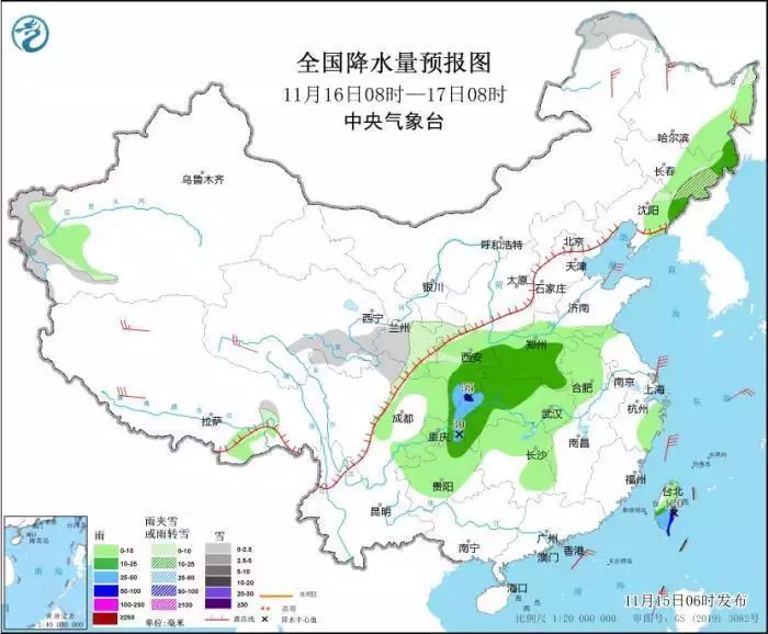 強冷空氣將影響中東部地區(qū) “天兔”將向臺灣島南部沿?？拷笪恼?></a></div></p>
<p>全國降水量預報圖(11月16日08時-17日08時) 圖片來源：中央氣象臺網(wǎng)站</p>
<p>　　11月17日08時至18日08時，新疆南疆盆地、西藏東部、青海東部、甘肅中東部、寧夏中南部、陜西中部、川西高原北部等地部分地區(qū)有小雪或雨夾雪，其中，甘肅東南部、川西高原北部等地部分地區(qū)有中到大雪(5～8毫米)。陜西南部、四川東部、重慶東北部和南部、湖北西部、臺灣島東部和北部等地部分地區(qū)有中到大雨，其中，臺灣島東北部部分地區(qū)有暴雨或大暴雨(100～150毫米)。內(nèi)蒙古中東部、東北大部、西藏大部、青海南部、河北北部、山東半島等地部分地區(qū)有4～6級風。</p>
<p><div   id=