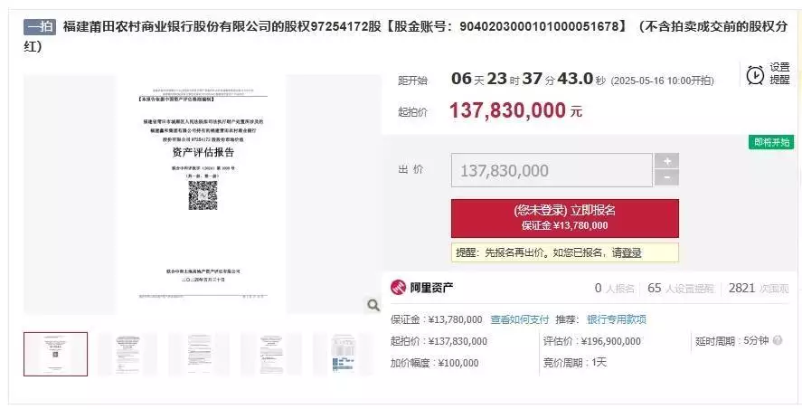 福建莆田农商银行5.19%股权被拍卖，起拍价折合1.48元/股，第四大股东被限制高消费