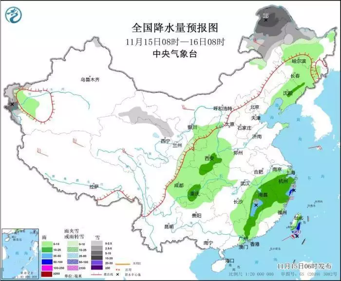 強冷空氣將影響中東部地區(qū) “天兔”將向臺灣島南部沿?？拷笪恼?></a></div></p>
<p>全國降水量預報圖(11月15日08時-16日08時) 圖片來源：中央氣象臺網(wǎng)站</p>
<p>　　11月16日08時至17日08時，黑龍江西北部、吉林東部、新疆南疆西部山區(qū)、西藏東南部、青海東部、甘肅南部、寧夏南部、陜西西部等地部分地區(qū)有小到中雪或雨夾雪。吉林東部、陜西東南部、河南中南部、湖北中西部、四川盆地東部、重慶北部和東部、臺灣島東部和南部等地部分地區(qū)有中到大雨，其中，重慶東北部、臺灣島東南部等地部分地區(qū)有暴雨或大暴雨(100～120毫米)。內(nèi)蒙古東部、東北大部、山東半島、西藏北部和南部、青海南部等地部分地區(qū)有4～6級風。</p>
<p><div   id=