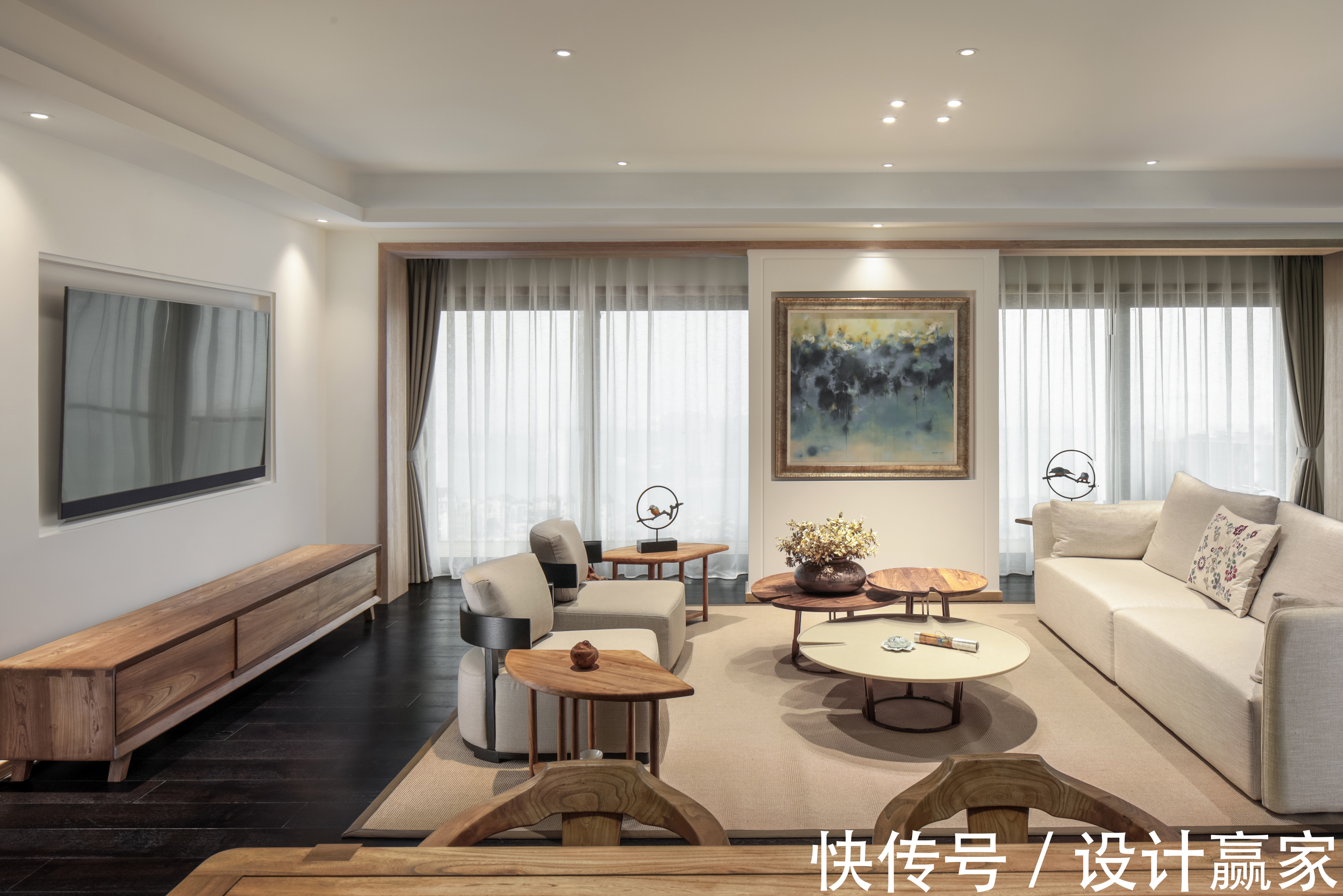 客厅|200㎡江景大宅,现代中式的古朴优雅之美,简约中透着高级