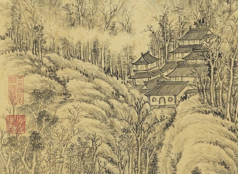 巨然@『名画记』董邦达《秋山萧寺轴》,毫素生辉,深得古人之法