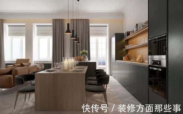 吊顶|124平原木色与绿色搭配的橱柜，是客厅一道亮丽的风景线