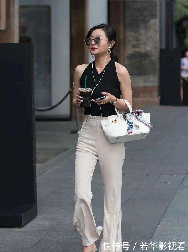 灰色 黑色无袖上衣搭米色打底裤,高级又优雅的配色,都市女性必备穿搭