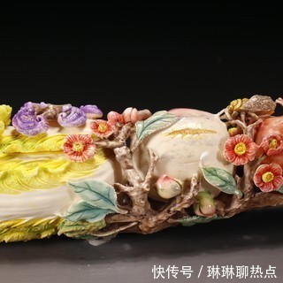 牙雕$回流 百年老牙雕彩绘白菜摆件