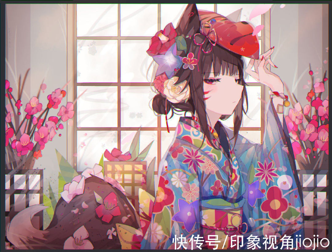 和风&缤纷绚丽的和风少女插画，色彩搭配充满了碰撞感