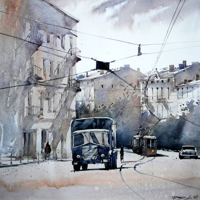 水彩画@波兰水彩画家拉法尔的街市景观画,耐看!