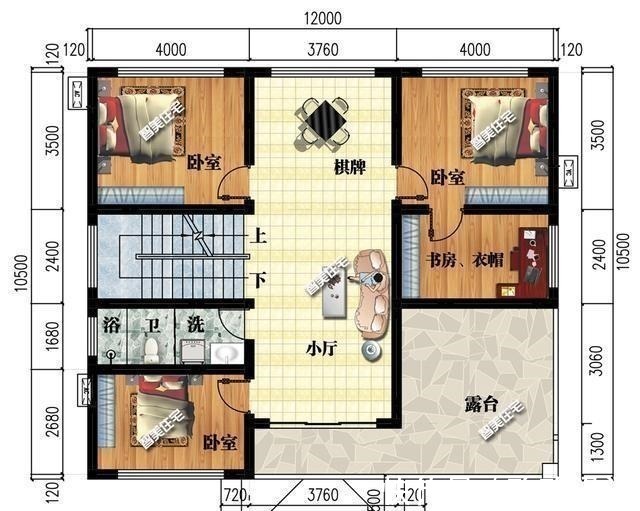 平顶|12×10.5米平顶三层别墅，超大客厅设计，摆个十桌酒席足够！