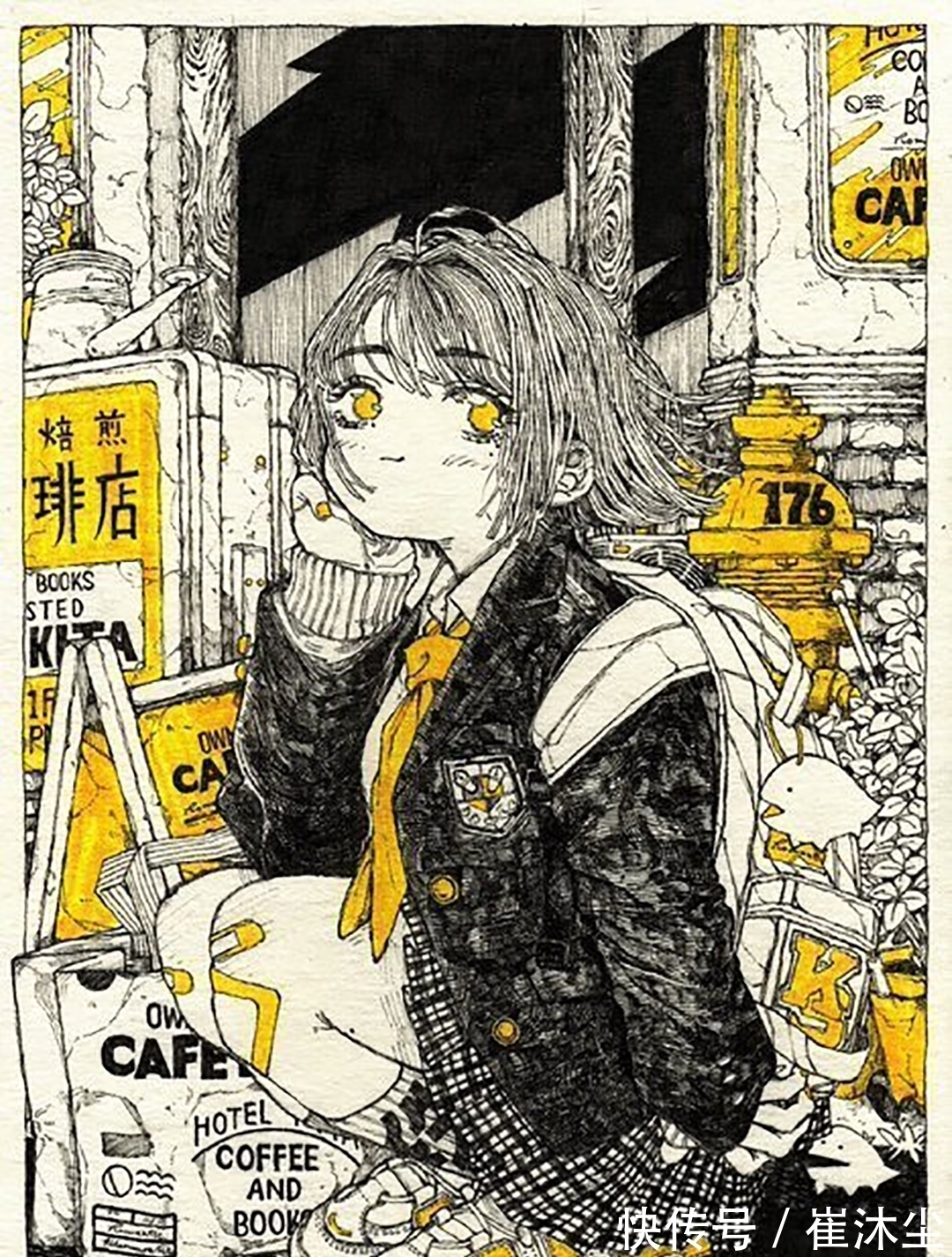 少女插画#线条感极强的少女插画,加一点黄色点缀非常的好看