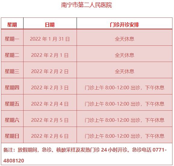 小卫|2022年春节南宁市内医院门诊急诊安排表来咯~