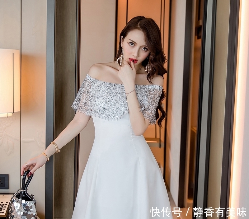小姐姐穿|街拍:优雅的一字肩蕾丝拼接连衣裙,彰显小姐姐十足的名媛范!