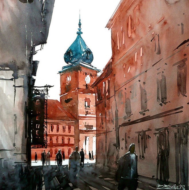 水彩画@波兰水彩画家拉法尔的街市景观画,耐看!