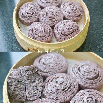 黑芝麻黑米千层花卷︱手撕馒头