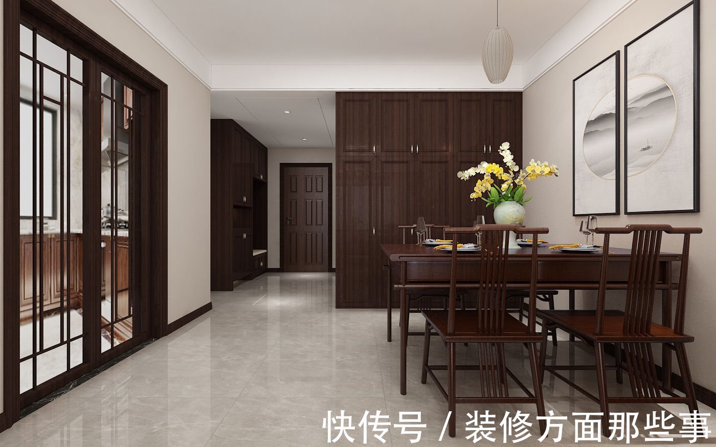 中式风格|95平中式风二居室,蓝色和黄色作对比,赋予空间表现力