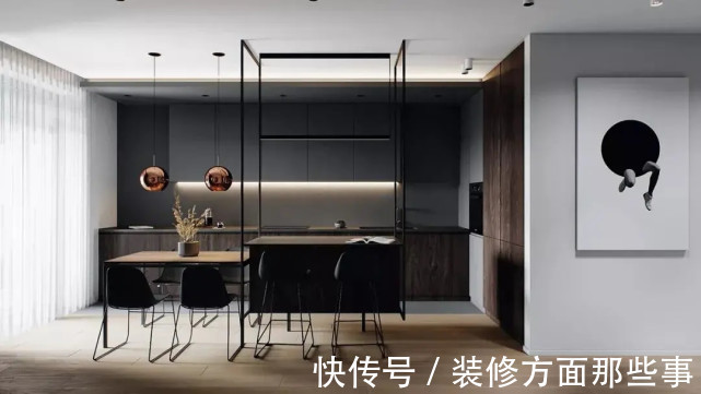 餐桌|86平现代二居室，餐桌、与中岛相连用金属架做「漂浮」状