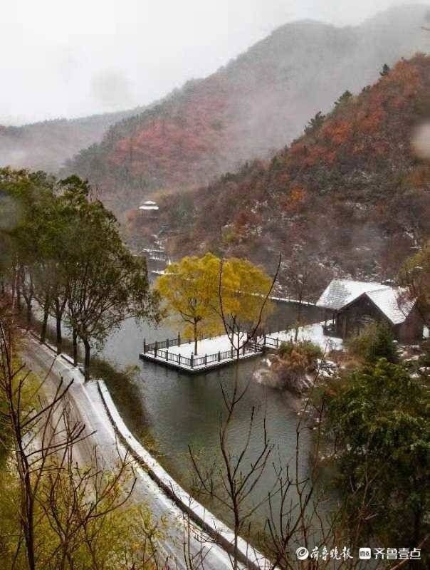 王红娟|航拍济南南山雪景，山川红叶绿水白雪相映成趣