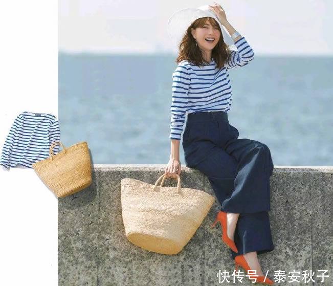 条纹衫|6月，超火的“九分裤+平底鞋”穿搭示范：清凉、舒适、太漂亮！