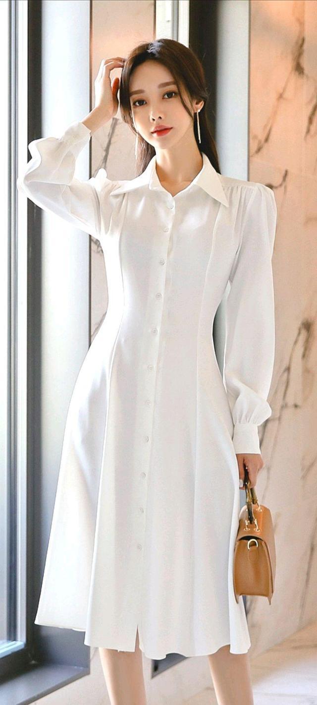孙允珠时尚穿搭收腰长款白色衬衫连衣裙