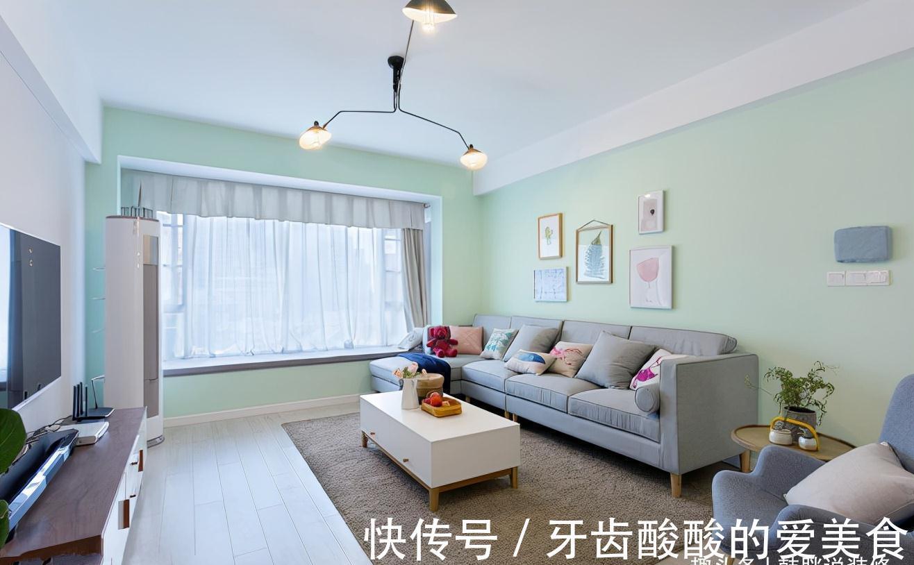 餐边柜|120㎡极简新房,清亮的薄荷绿墙面,吧台和餐边柜是最大亮点