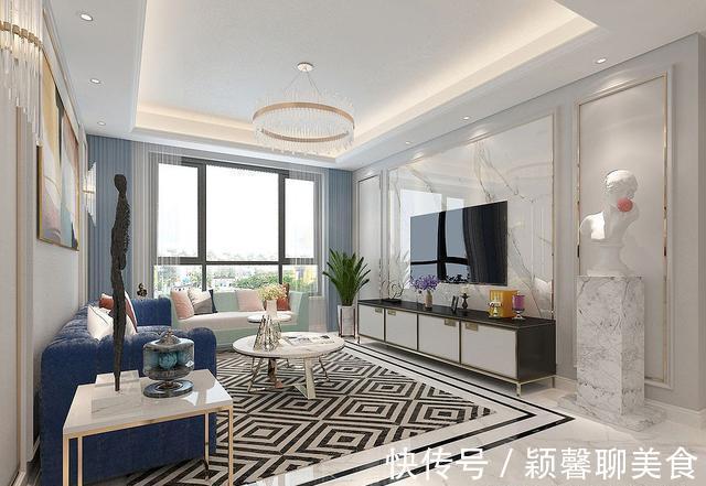 小空间|76平米三房两厅美式装修，灰色墙面搭配金色边条，小空间的轻奢味