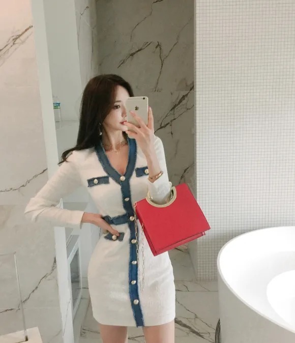 孙允珠,蓝草香槟灯芯绒曲线修身礼裙