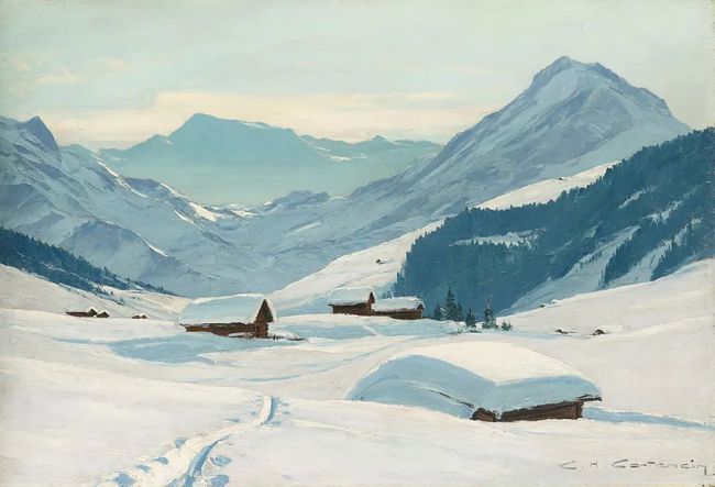 冰雪山脉$查尔斯·亨利·康坦辛(Charles Contencin)冰雪山脉风景绘画