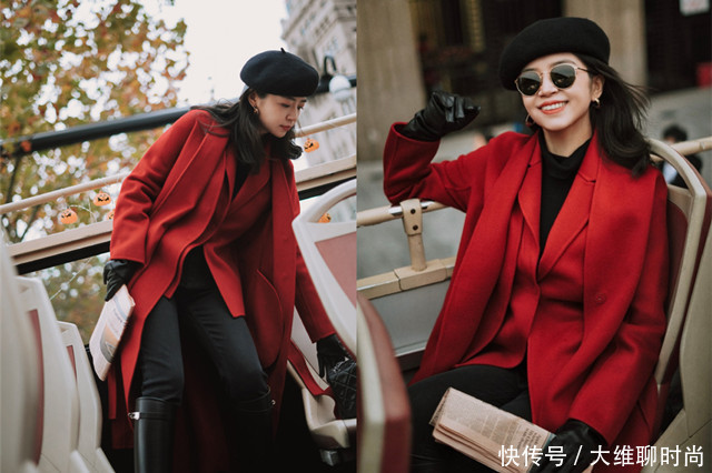 叠穿难怪那么火，既保暖又时髦，三木红色三件套呈现优雅复古美