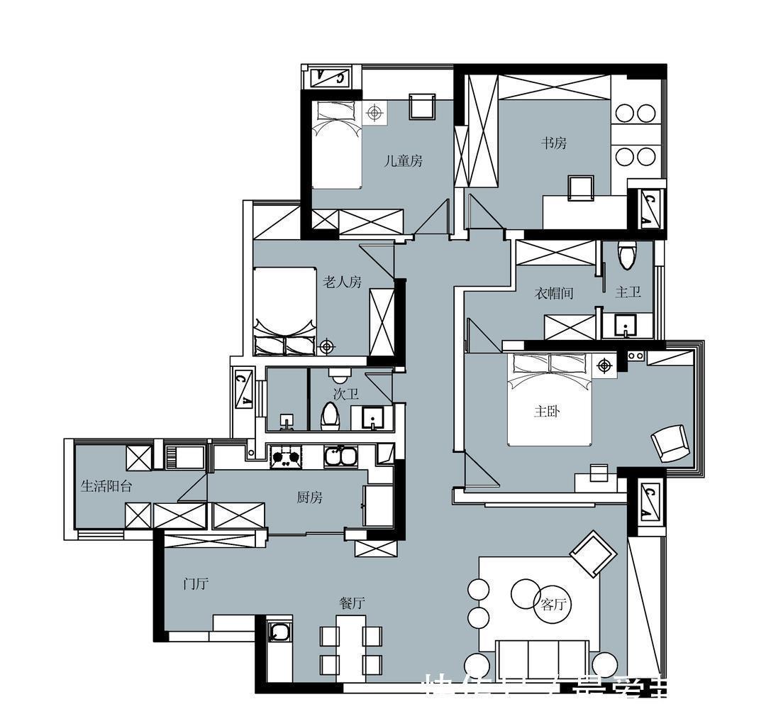 餐边柜|经典的黑白灰作为主色调,加入一些柔和的元素,打造舒适的四居室