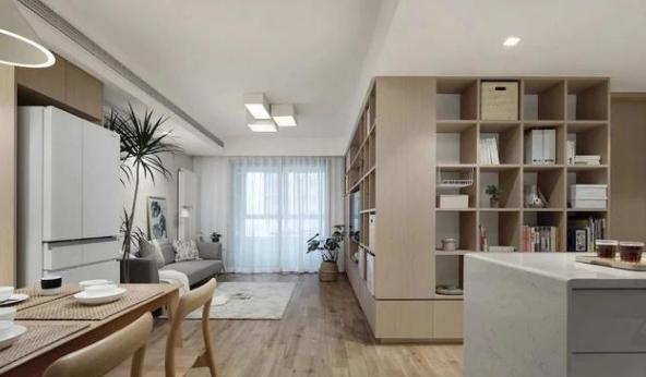 展示台|84㎡日式温馨时尚空间L型书架式电视墙,颜值高又可当收纳