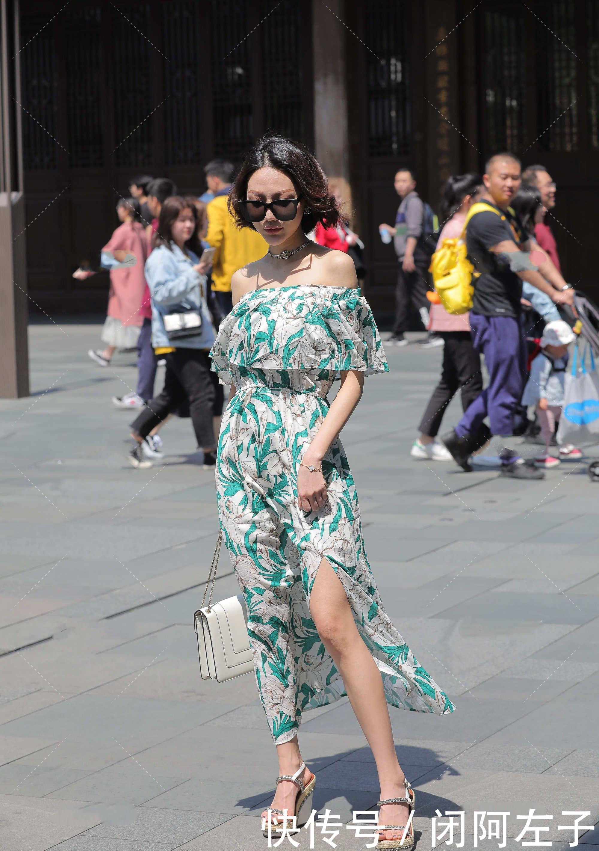 一字肩长款连衣裙，清爽舒适，高级时尚感