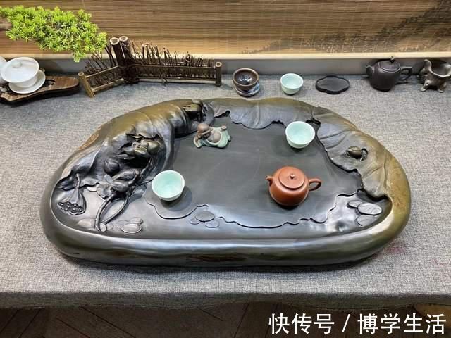 立体感@随便拿2块“金皮”歙砚石,叫朋友帮忙雕刻茶盘,成品也太惊艳了