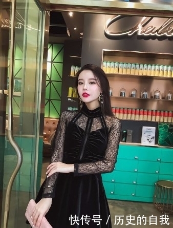 淑女气质,款蕾丝立领,丝绒A字连衣裙穿搭