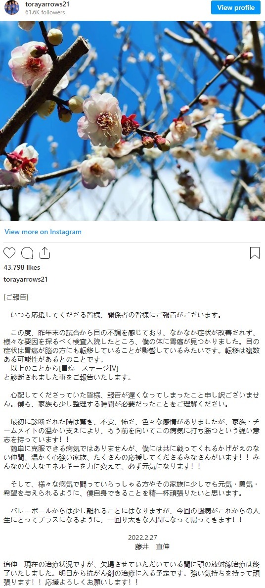 藤井直伸|没想到！日男排二传藤井直伸罹患胃癌 去年与佐藤美弥完婚