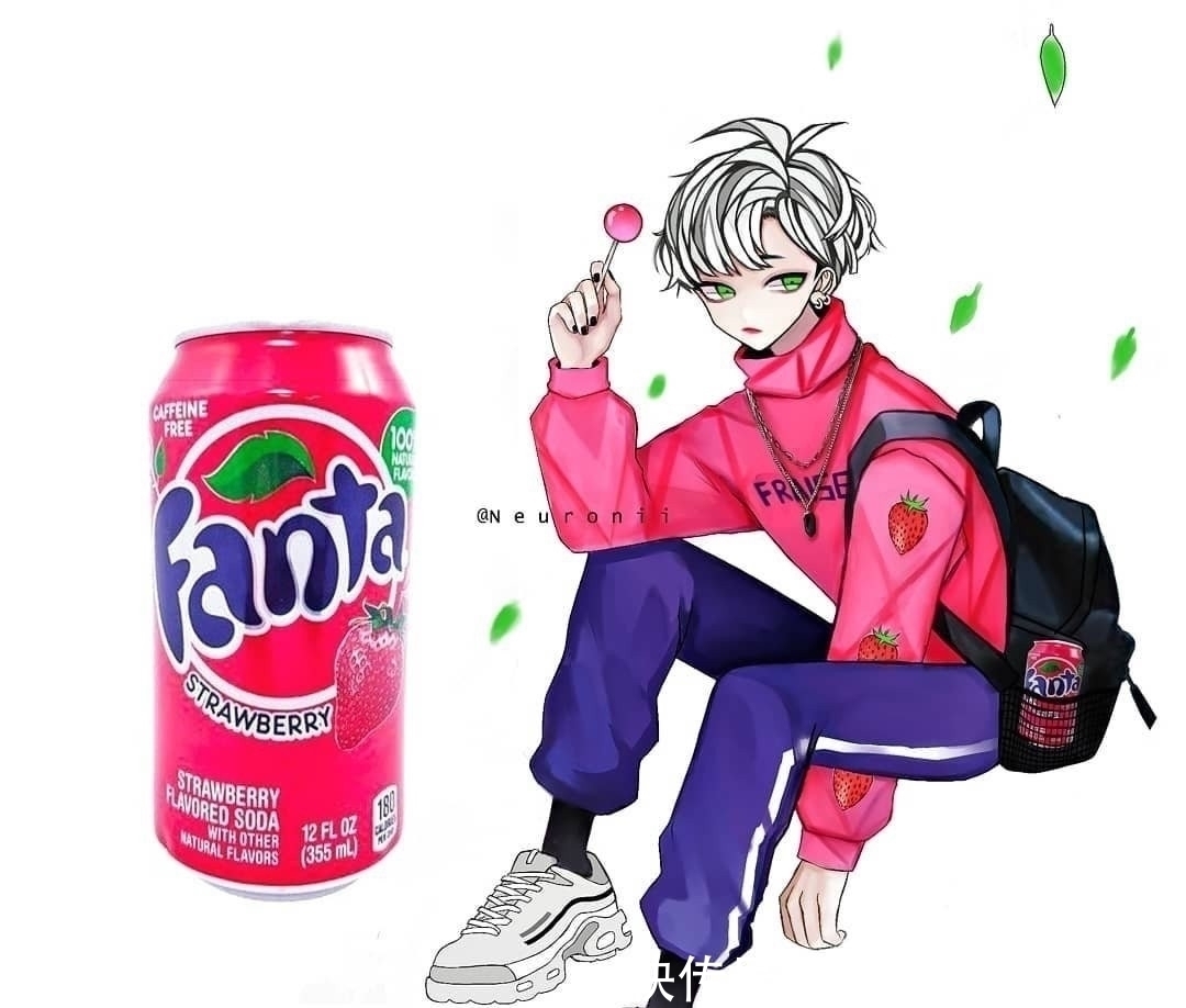 汽水|画师绘制饮料拟人化,草莓汽水是银发小哥哥,绿茶是女装大佬