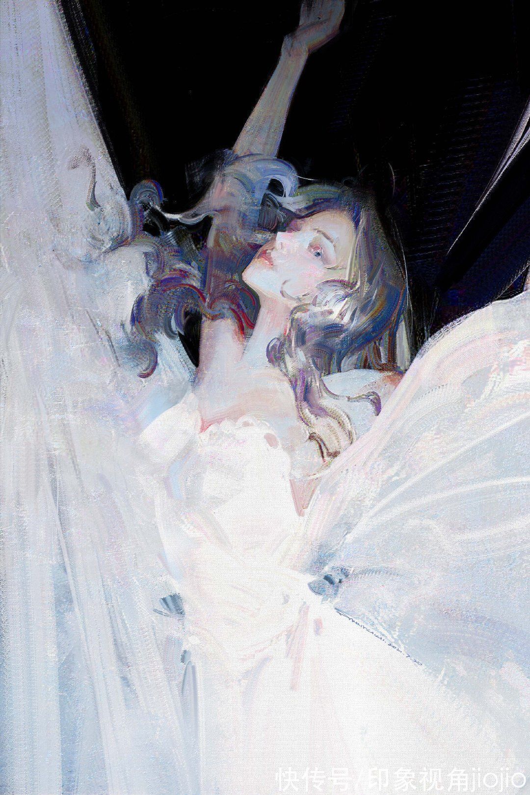 插画作品$高级油画质感的插画作品,笔下的白衣少女太梦幻了