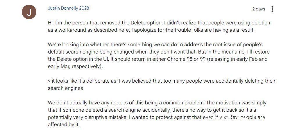 chro|谷歌 Chrome 97 浏览器无法删除默认搜索引擎，引发用户批评