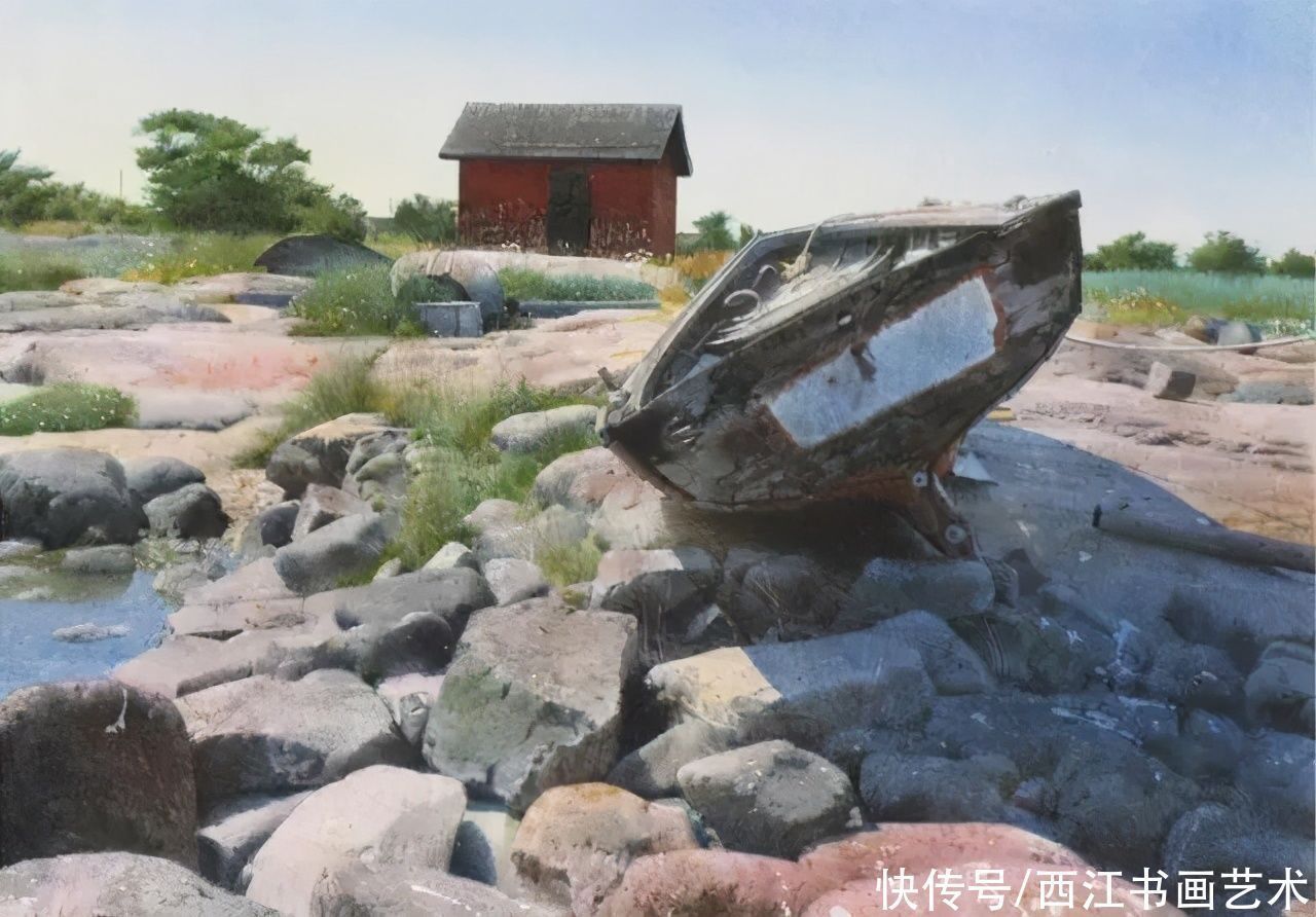 克拉科夫$这位瑞典水彩画家把海边的石头质感画得好极了