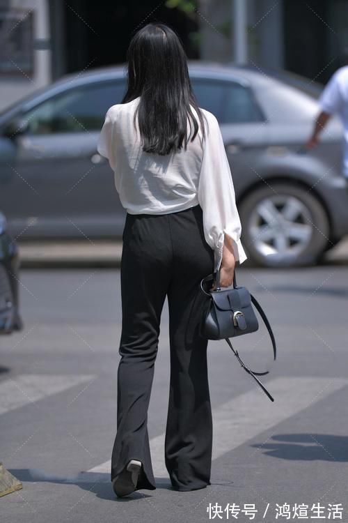 阔腿裤|白色雪纺衬衣，配上黑色高腰阔腿裤，就像一副水墨画