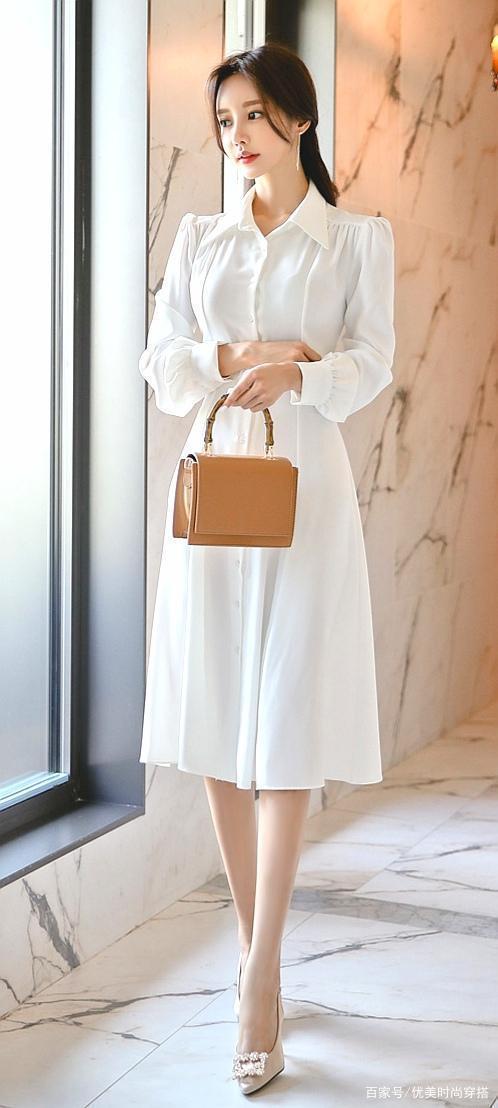 孙允珠时尚穿搭收腰长款白色衬衫连衣裙