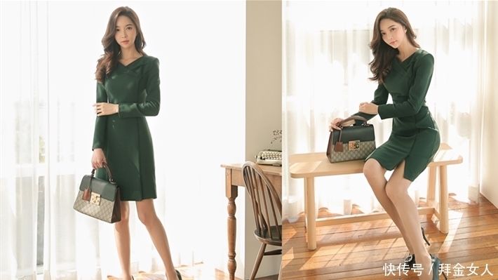 绿色A字连衣裙,尽显女人优雅风范,模特穿上气质很好