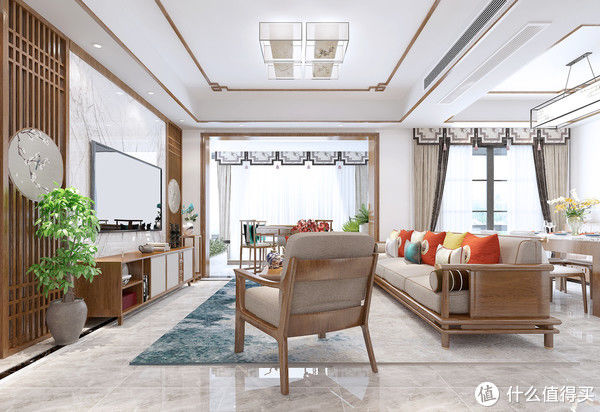 中式风格|横厅户型真的很舒服，看它的客厅就知道了，采光效果很好，有格调