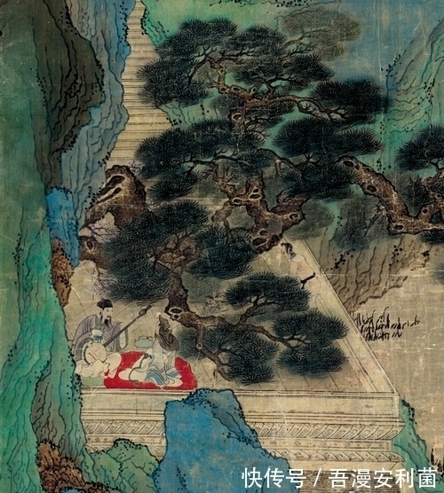 吕焕成#延续吴门画风,描绘人间仙境,吕焕成绘《春山听阮》