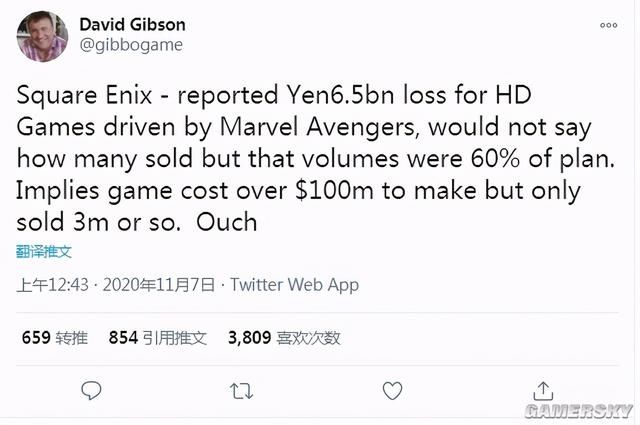 预期|外媒：《漫威复联》未达销售预期 SE财季亏损6300万美元