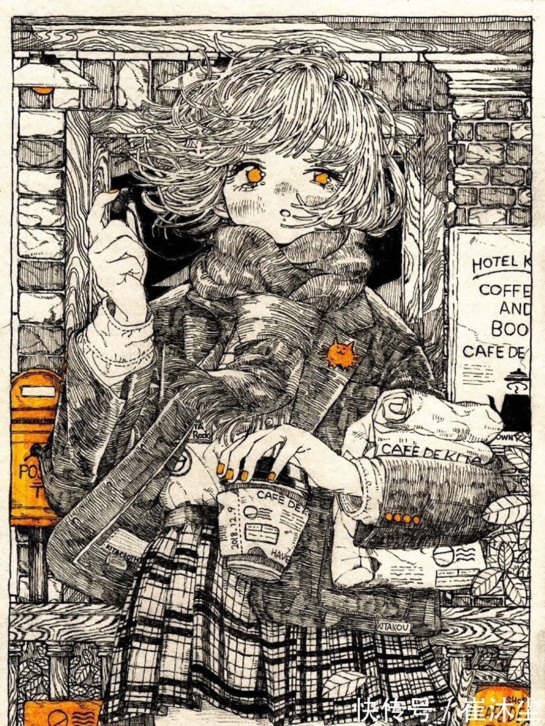 少女插画#线条感极强的少女插画,加一点黄色点缀非常的好看