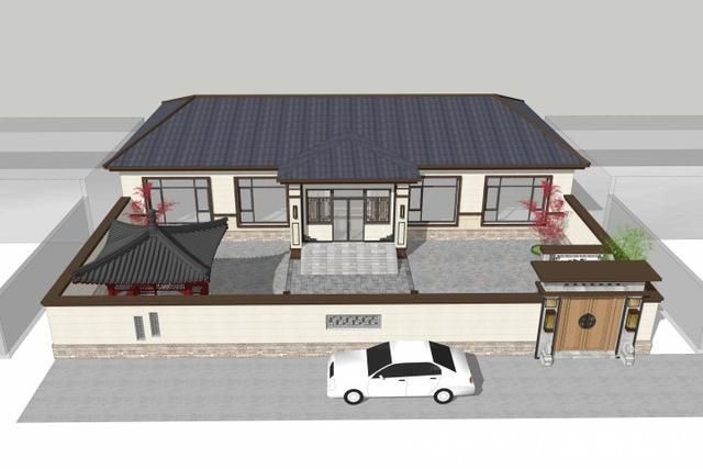 双入户门|一层新中式别墅,双入户门,房间均能采光,屋檐外挑,简单大气