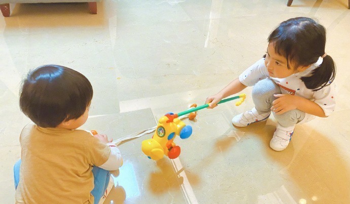 張歆藝曬餃子和兒子玩的照片,夸餃子是個好姐姐