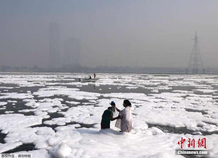 亚穆纳河|印度新德里河流遭污染 河面覆满白色泡沫